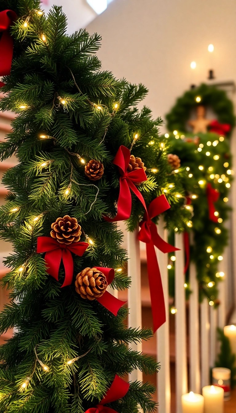 10 Easy DIY Inspirations for Gorgeous Staircase Holiday Decor! - 1. Evergreen Garland Magic