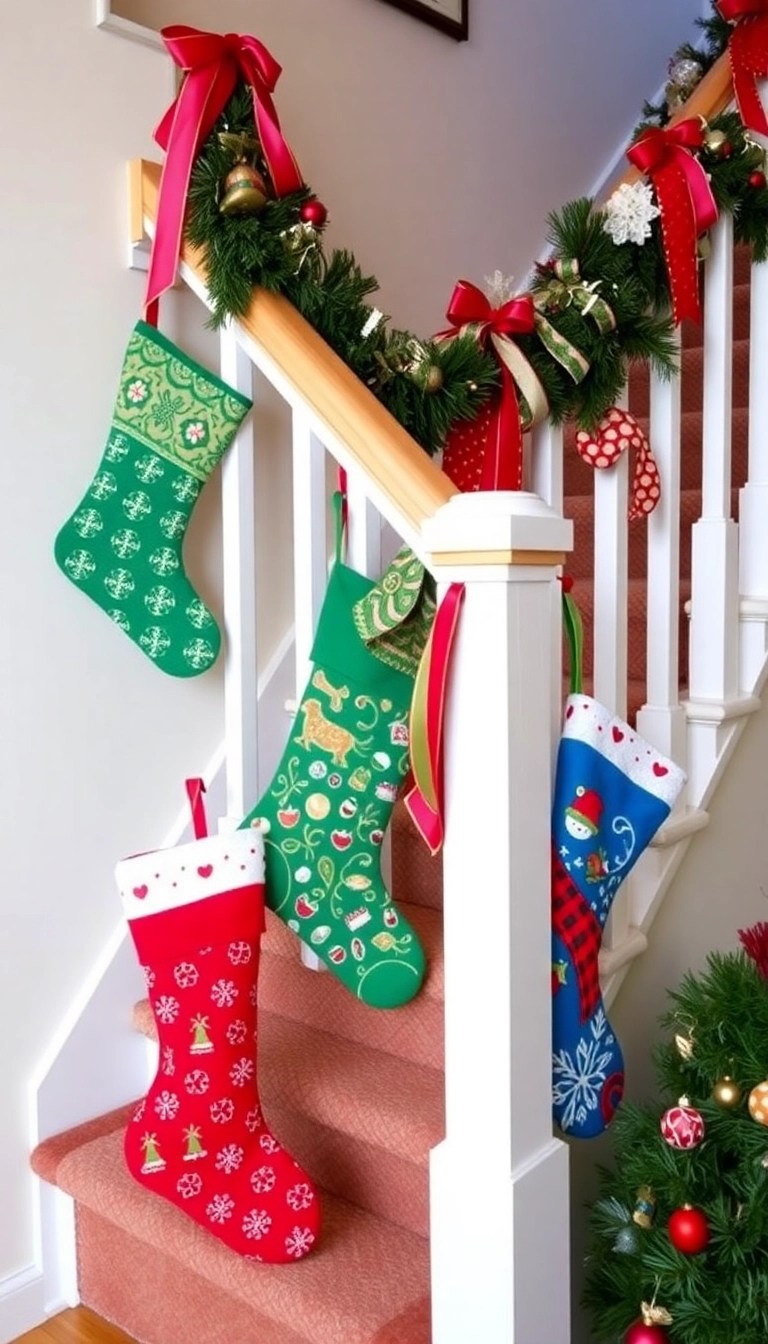 10 Easy DIY Inspirations for Gorgeous Staircase Holiday Decor! - 3. Whimsical Stockings