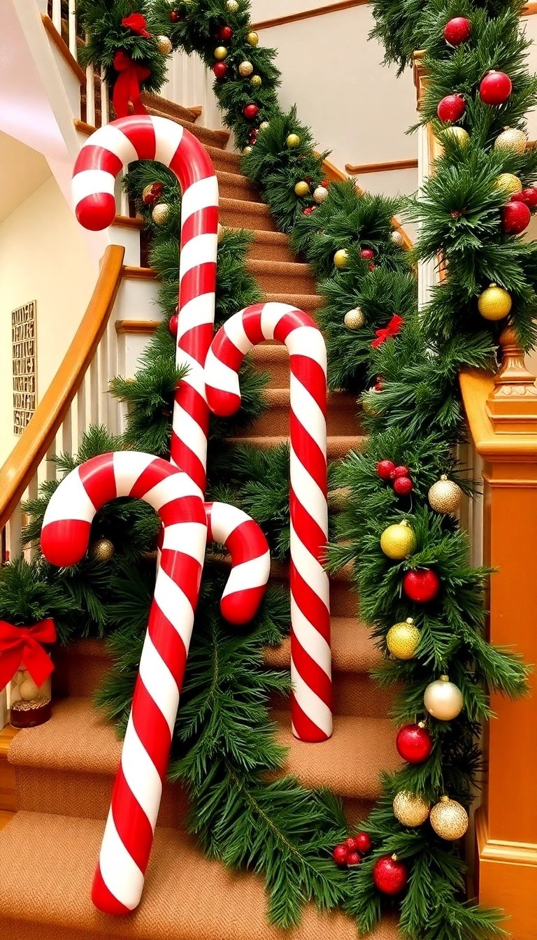 10 Easy DIY Inspirations for Gorgeous Staircase Holiday Decor! - 6. Candy Cane Accents