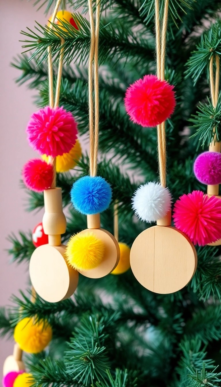 21 Easy Homemade Wooden Ornaments You Can Make This Christmas (You Won't Believe #15!) - 17. Colorful Pom-Pom Ornaments